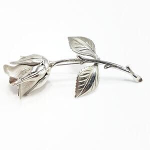 Vintage Silver Tone Rose Bud Brooch, Two Silver Tone Leaves, 1960s, 2 3/4 Inches